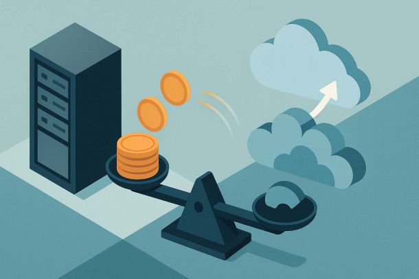 Visualisierung des Kostenvergleichs On-Prem vs. Cloud. Links ein Serverrack (On-Prem), rechts abstrahierte Cloud-Layer; dazwischen eine Waage und fliessende Münzen als Symbol für Kostenhebel und Elastizität.