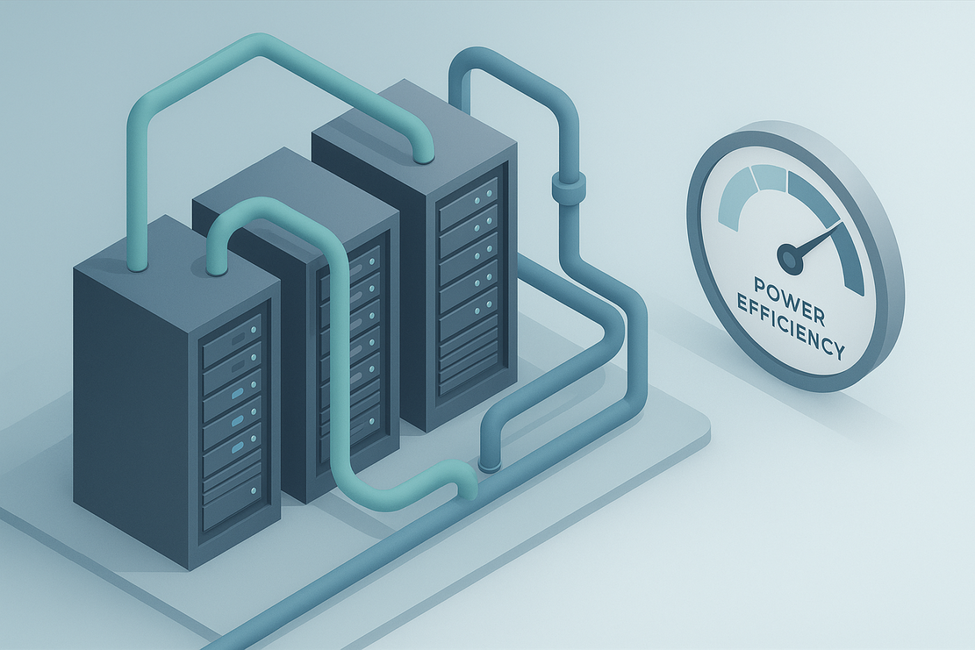 Isometrische Serverracks mit Kühlleitungen und Effizienz-Anzeige in kühlen Blautönen.