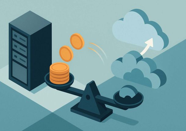 Visualisierung des Kostenvergleichs On-Prem vs. Cloud. Links ein Serverrack (On-Prem), rechts abstrahierte Cloud-Layer; dazwischen eine Waage und fliessende Münzen als Symbol für Kostenhebel und Elastizität.