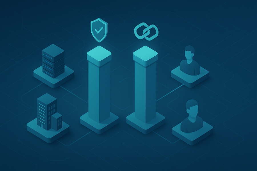 Isometrische BCM-Visualisierung mit vier Säulen, vernetzten Servern, Gebäuden, Personen und Kettenglied als Resilienz-Symbol.