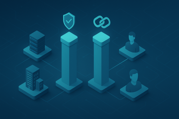 Isometrische BCM-Visualisierung mit vier Säulen, vernetzten Servern, Gebäuden, Personen und Kettenglied als Resilienz-Symbol.