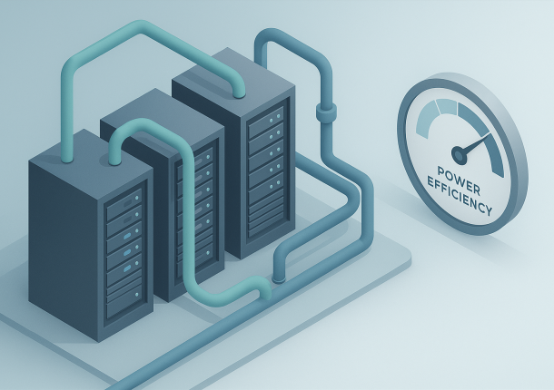 Isometrische Serverracks mit Kühlleitungen und Effizienz-Anzeige in kühlen Blautönen.