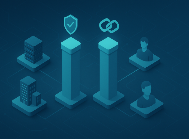 Isometrische BCM-Visualisierung mit vier Säulen, vernetzten Servern, Gebäuden, Personen und Kettenglied als Resilienz-Symbol.